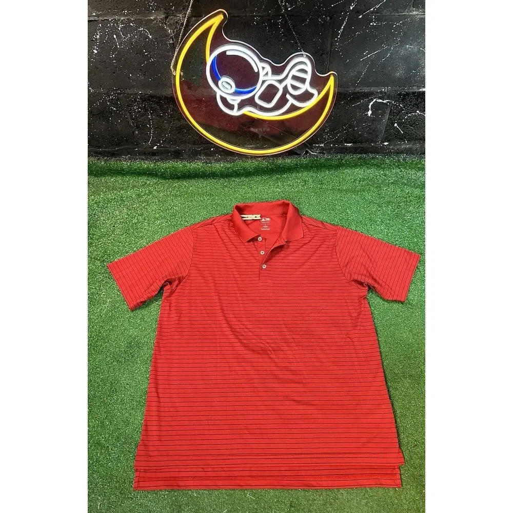 Adidas Climalite Golf Polo Short Sleeve Shirt Red w/ Black Stripes Men's Large‎